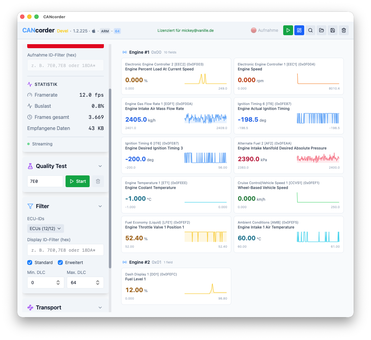 J1939 Dashboard with live sparklines