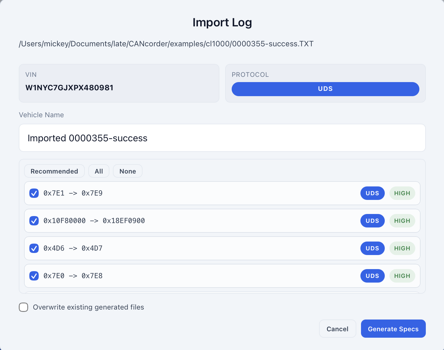 Spec import from capture logs