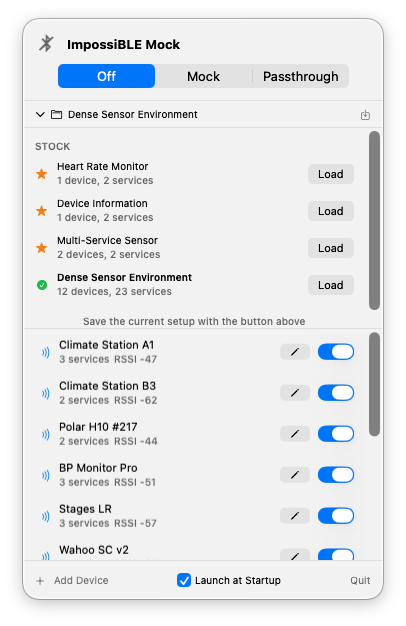 ImpossiBLE Mock menu bar app in mock mode, showing the dense sensor environment