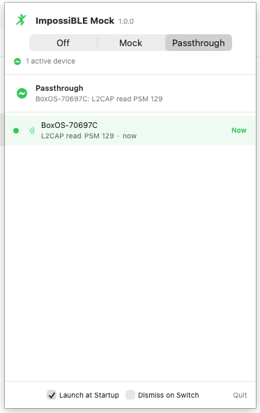 ImpossiBLE Mock menu bar app in passthrough mode, showing active BLE communication with a device
